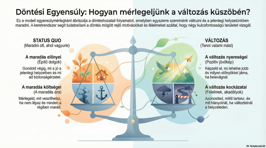 A döntési egyensúly modellje megmutatja, milyen belső mérlegelés zajlik bennünk a változás küszöbén: mit ad a jelenlegi helyzet, mibe kerül a maradás, mit nyerhetnénk a változással, és mitől tartunk közben.